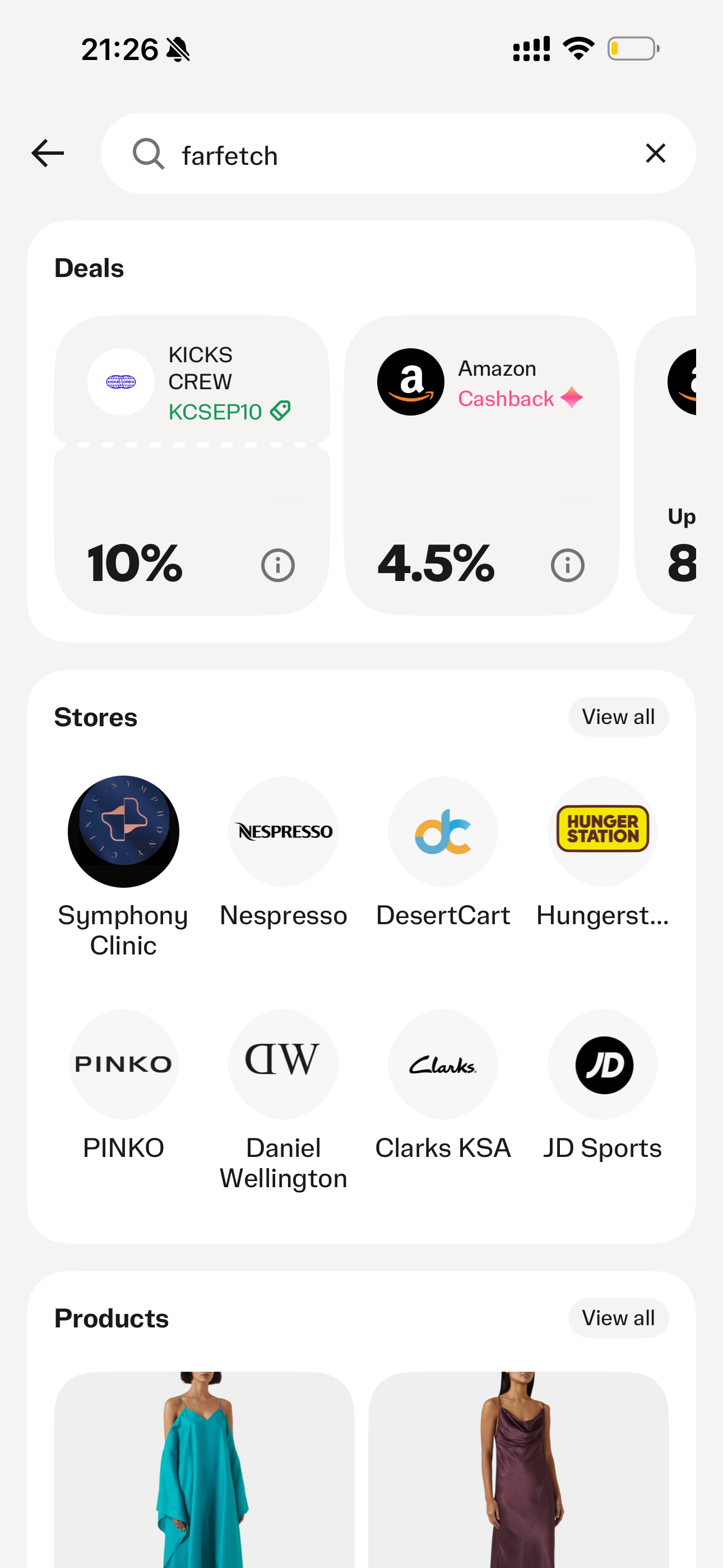 Current Tabby search results for Farfetch showing other deals, stores and products